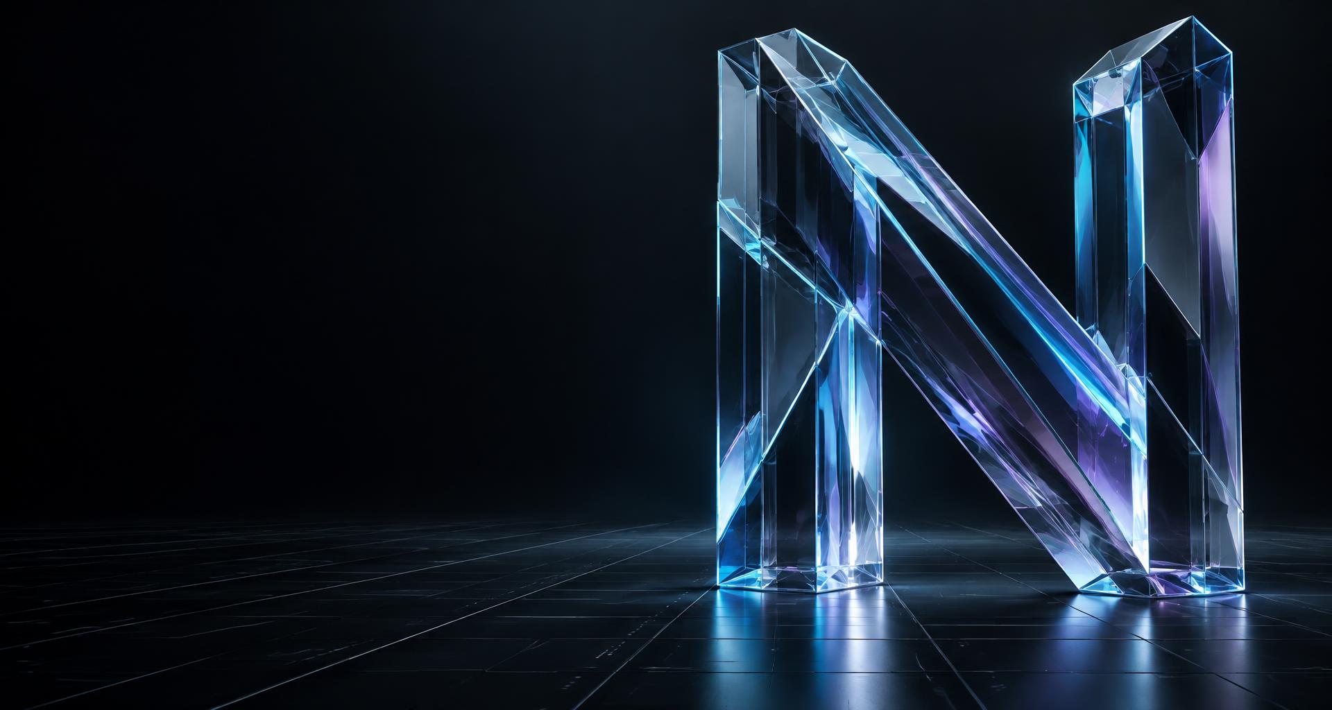 Escultura de vidro em forma de N com reflexos azuis e violetas